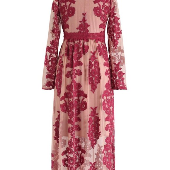 Chicwish V-Neck Floral Embroidered Mesh Maxi Dress – Wine/Red – Size M – Worn On - Picture 2 of 7